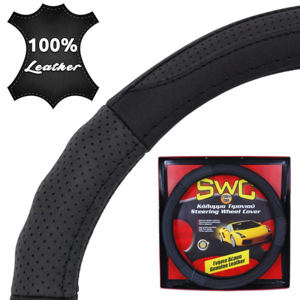 Leather Steering Wheel Cover Black 38cm