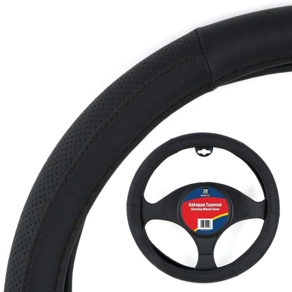 Black Leatherette Steering Wheel Cover 38cm