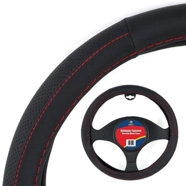 Leatherette Steering Wheel Cover with Red Stitching 38cm